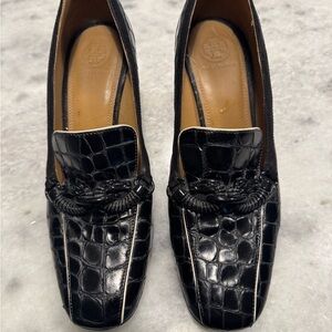 Tory Burch Black Embossed Leather Loafers